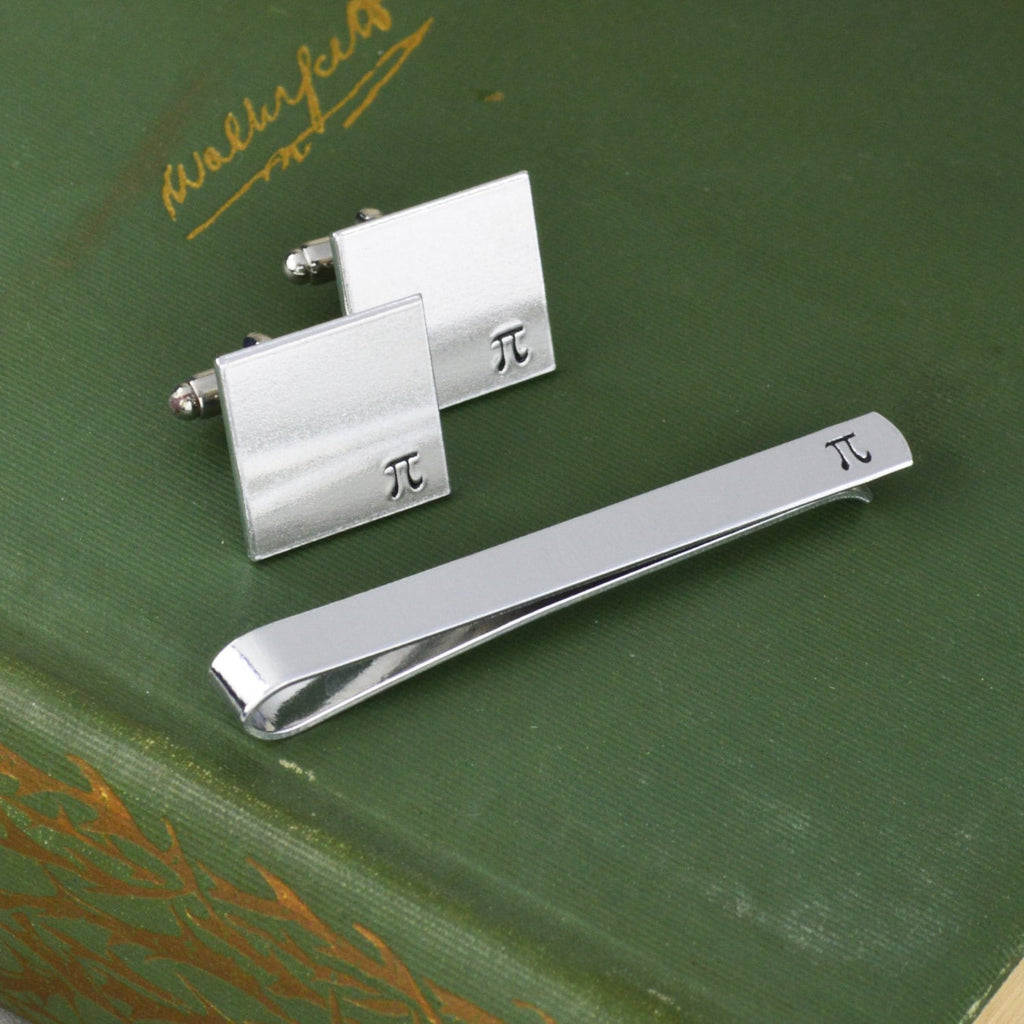 Pi Tie Bar and Cuff Link Set - Hand Stamped Teacher Gift - Math and Science Gift