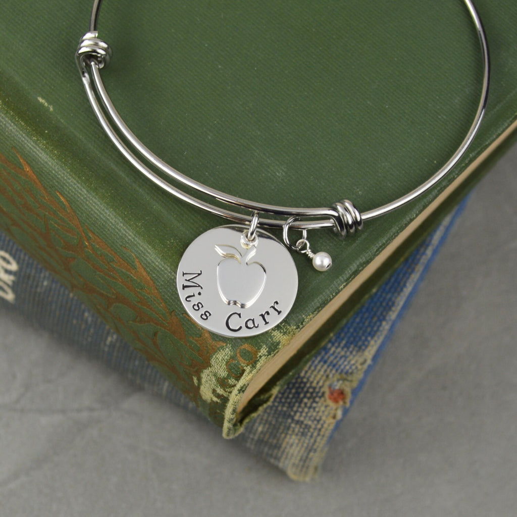 Personalized Teacher Appreciation Gift - Adjustable Bangle Bracelet with Apple Charm - Stacking Bangle