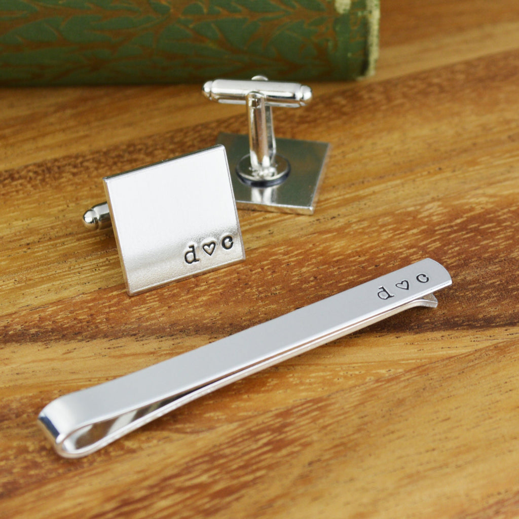 Custom Initials Tie Bar and Cuff Link Set - Hand Stamped Groomsman Gift