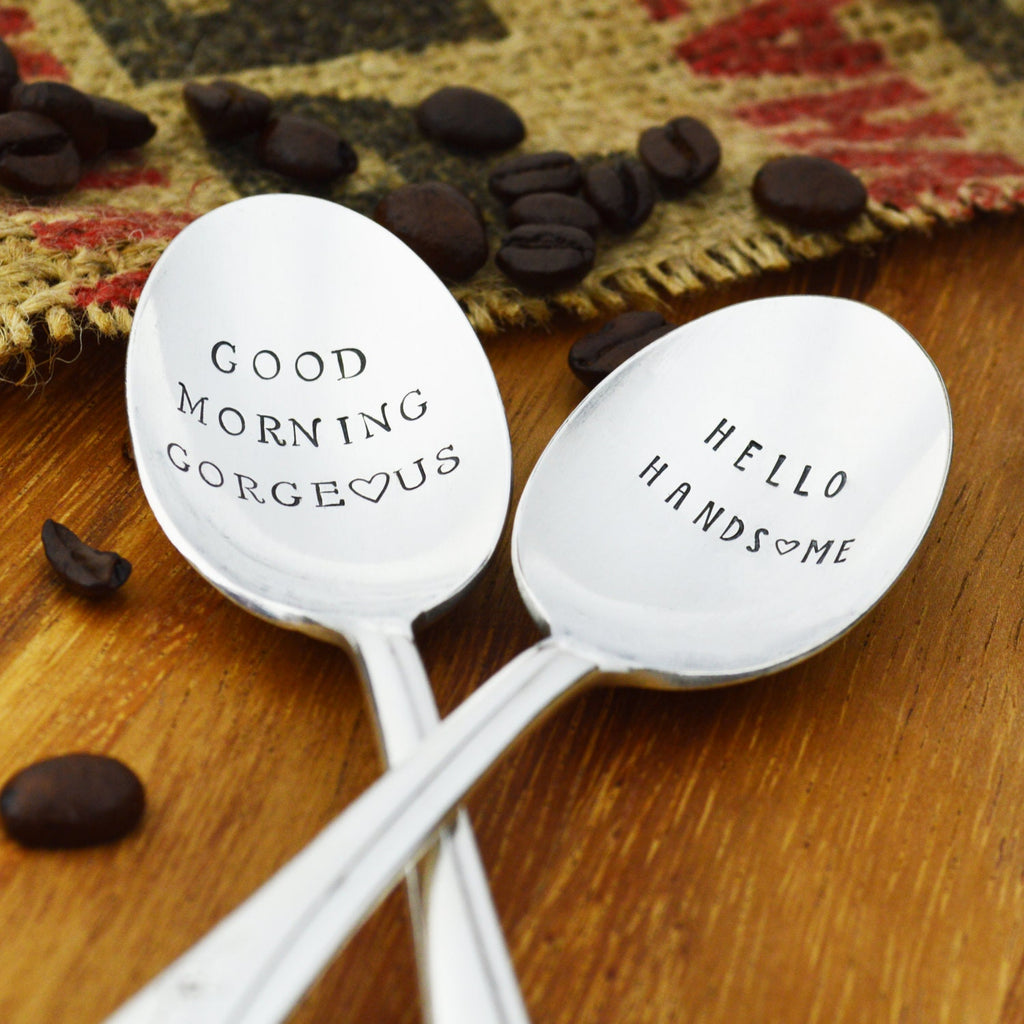 Good Morning Gorgeous Hello Handsome Hand Stamped Coffee Spoon Gift Set 
