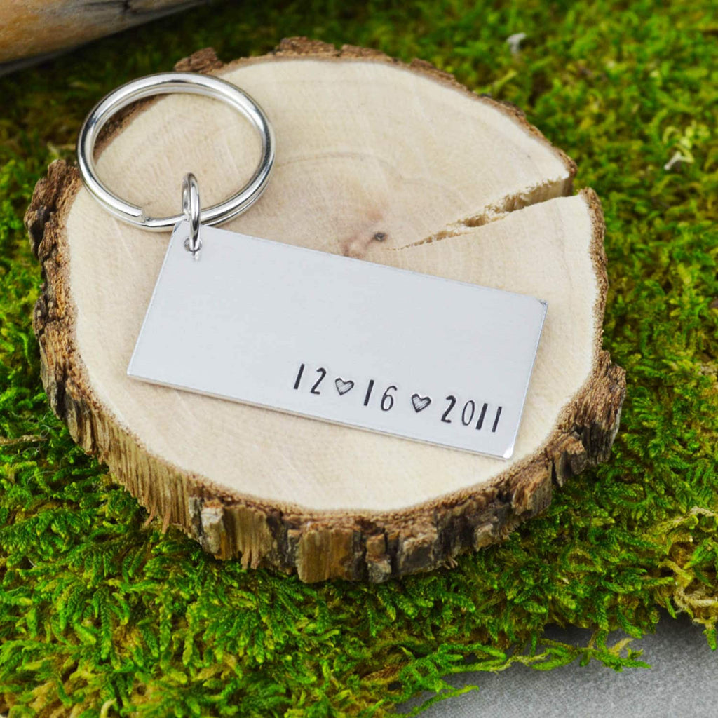 Custom Wedding Date Keychain - Handstamped Anniversary Gift
