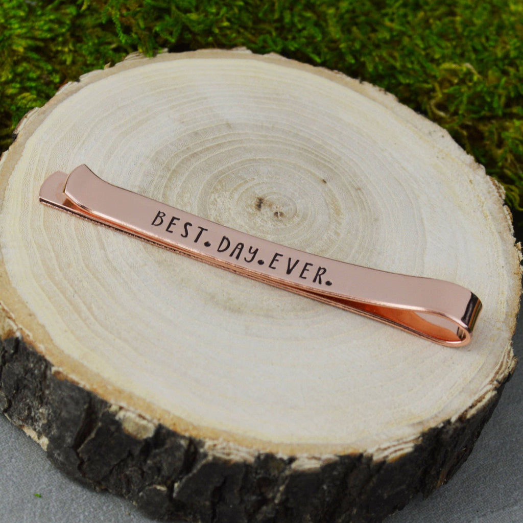 Best Day Ever Tie Bar with Custom Roman Numeral Date - Hand Stamped Groom Gift