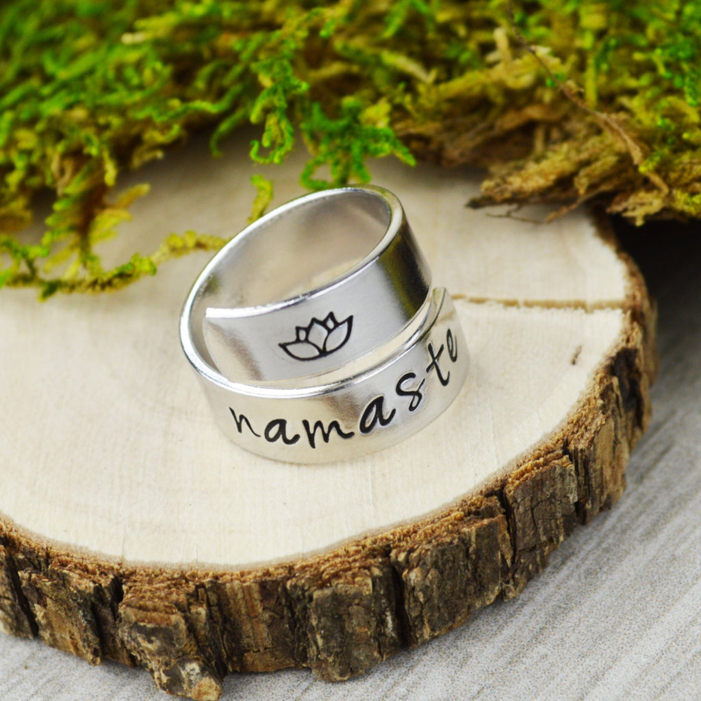 Namaste Yoga Wrap Ring // Handstamped Inspirational Jewelry