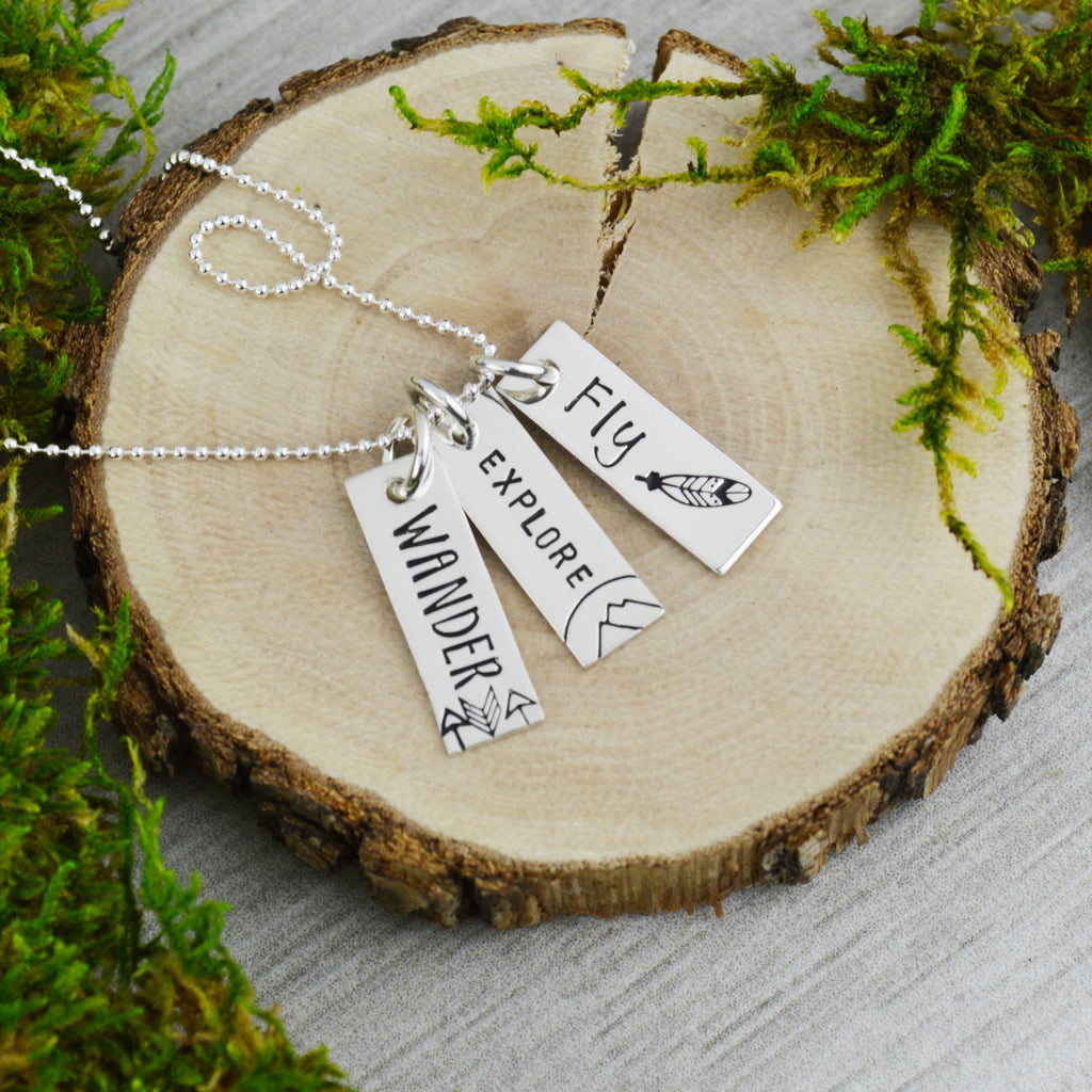 Wander Explore Fly Vertical Bar Travel Necklace - Custom Hand Stamped Inspiration Jewelry - Wanderlust Mantra Jewelry