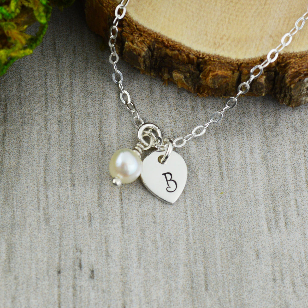 Customizable Initials and Freshwater Pearl Necklace in Sterling Silver - Personalized Hand Stamped Jewelry - Anniversary or Valentine Gift