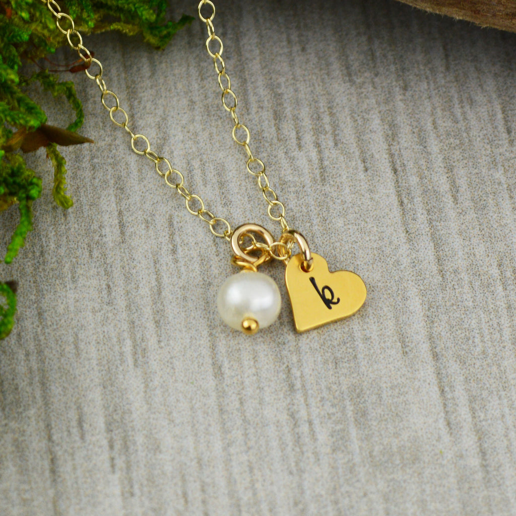 Customizable Initial Necklace in Gold with Freshwater Pearl - Personalized Jewelry - Anniversary Gift - Tiny Heart Charm Necklace