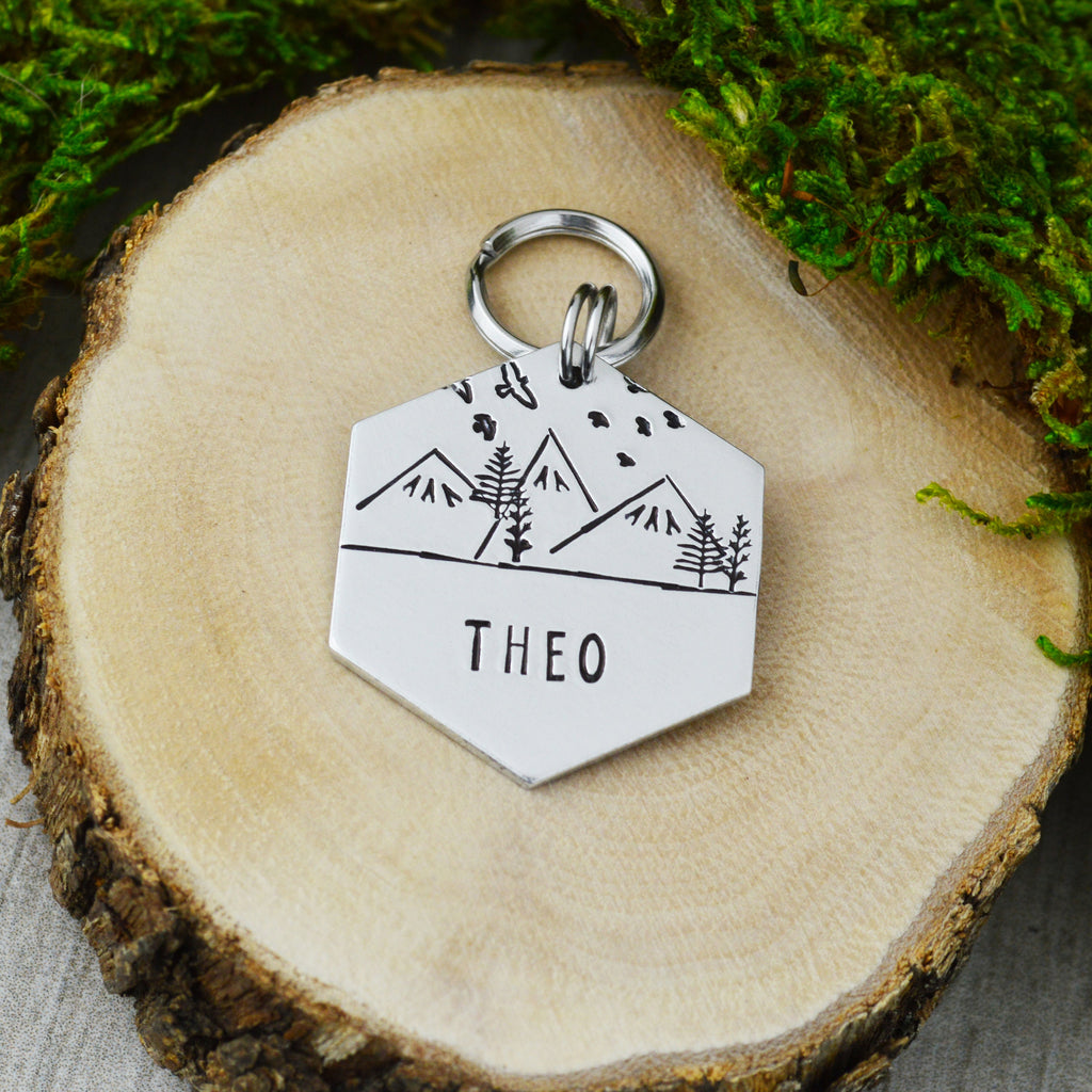 Mountainscape Handstamped Hexagon Pet ID Tag 