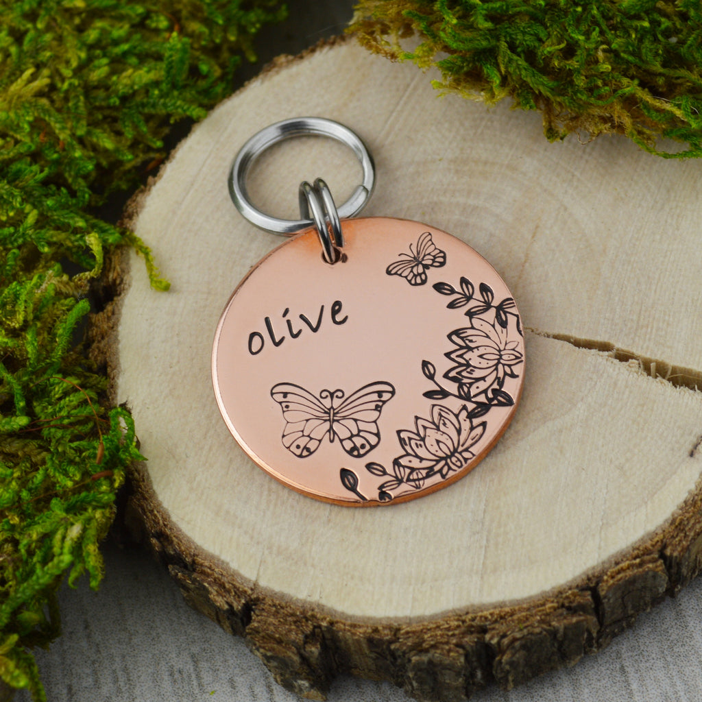 Butterfly in the Garden Handstamped Pet ID Tag 