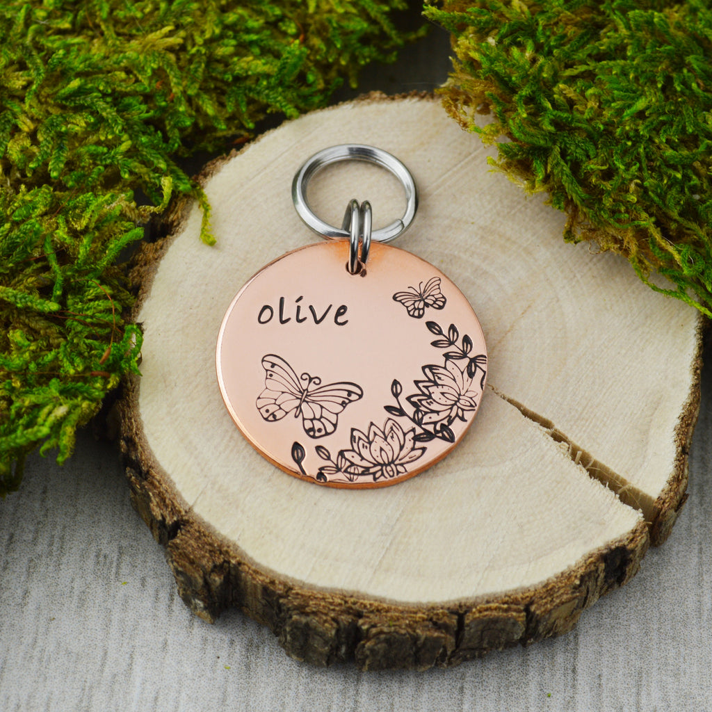 Butterfly in the Garden Handstamped Pet ID Tag 