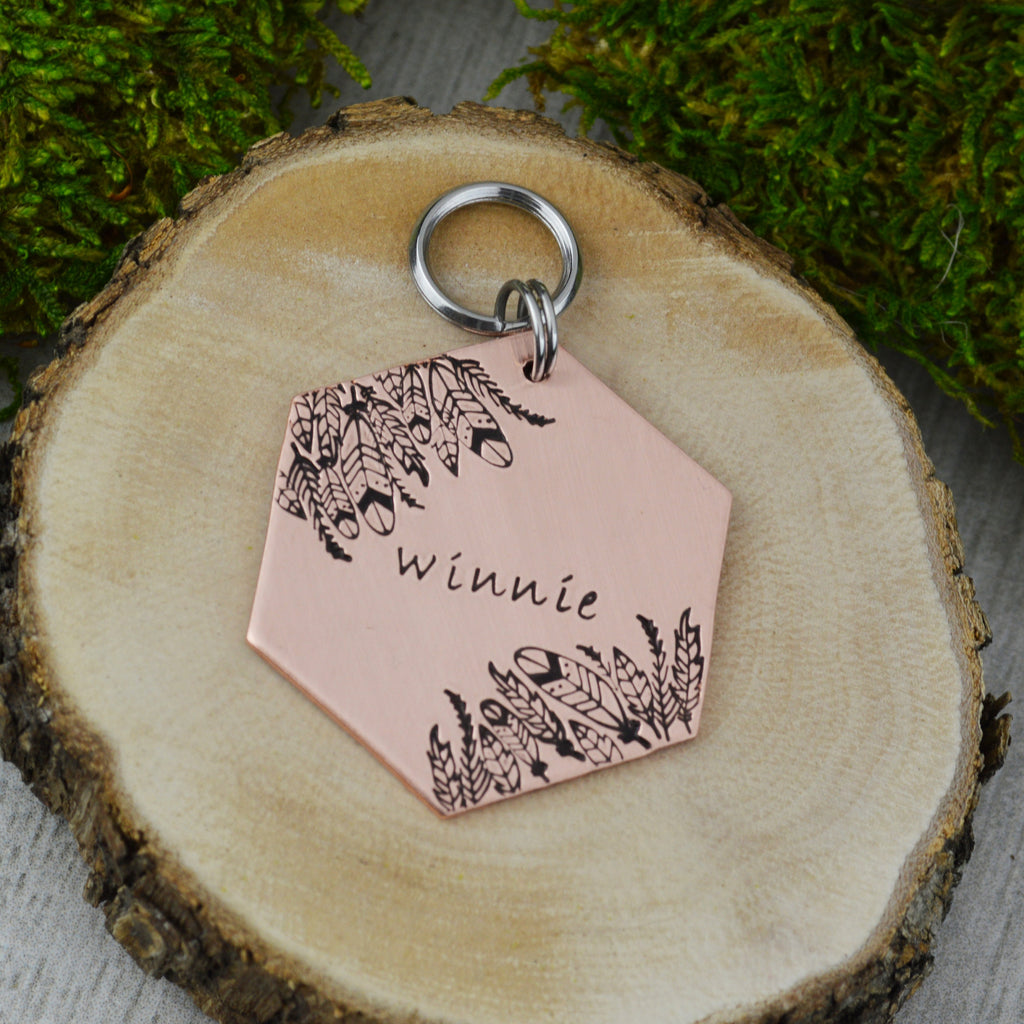 Boho Feathers Handstamped Hexagon Pet ID Tag 
