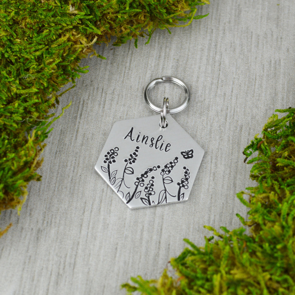 Fields of Heather Handstamped Hexagon Pet ID Tag 