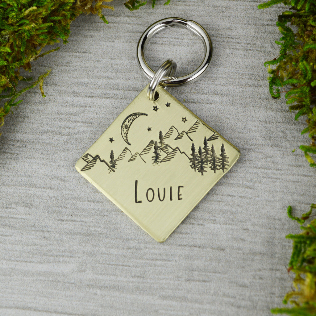 Lunar Mountainscape Handstamped Square Pet ID Tag 