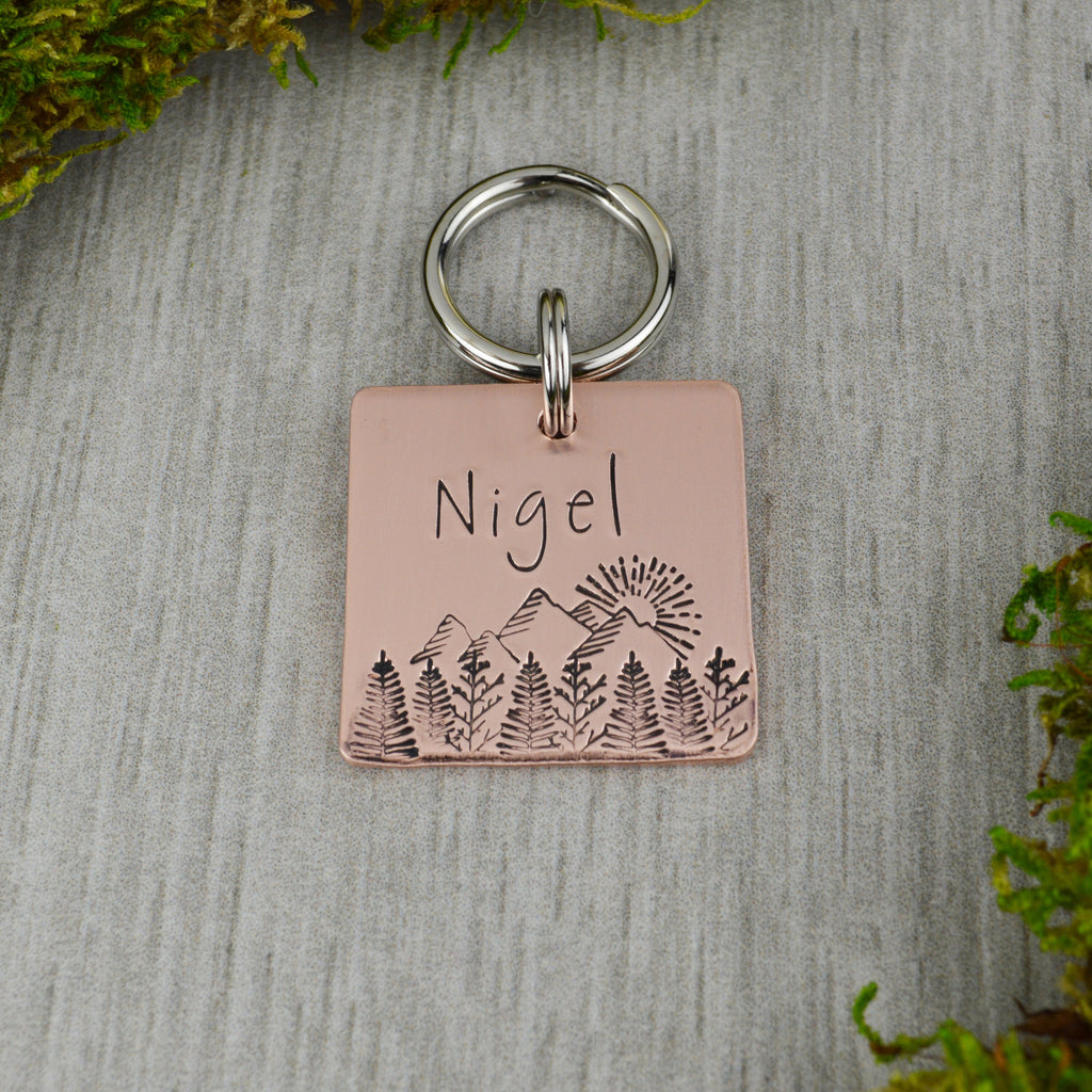 Mountain Sunrise Handstamped Square Pet ID Tag 