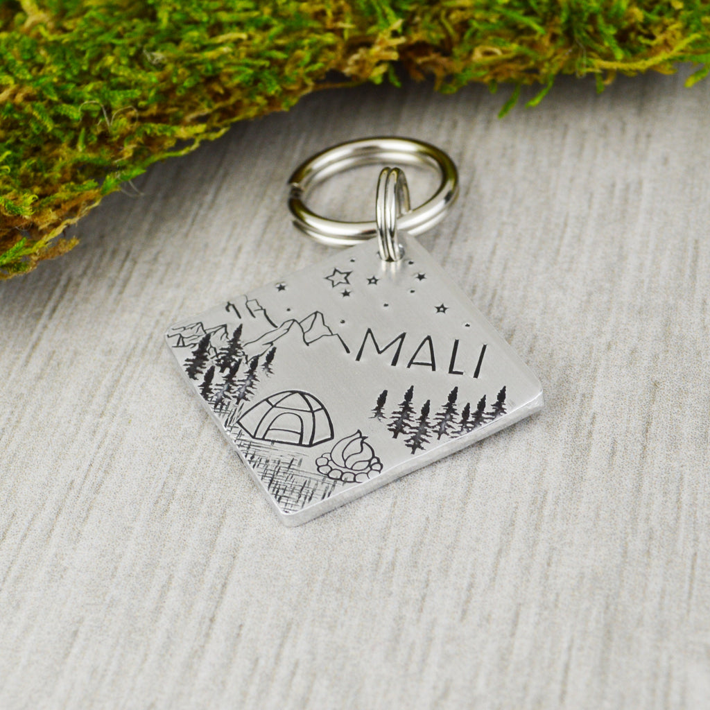 Alpine Camping Handstamped Square Pet ID Tag 