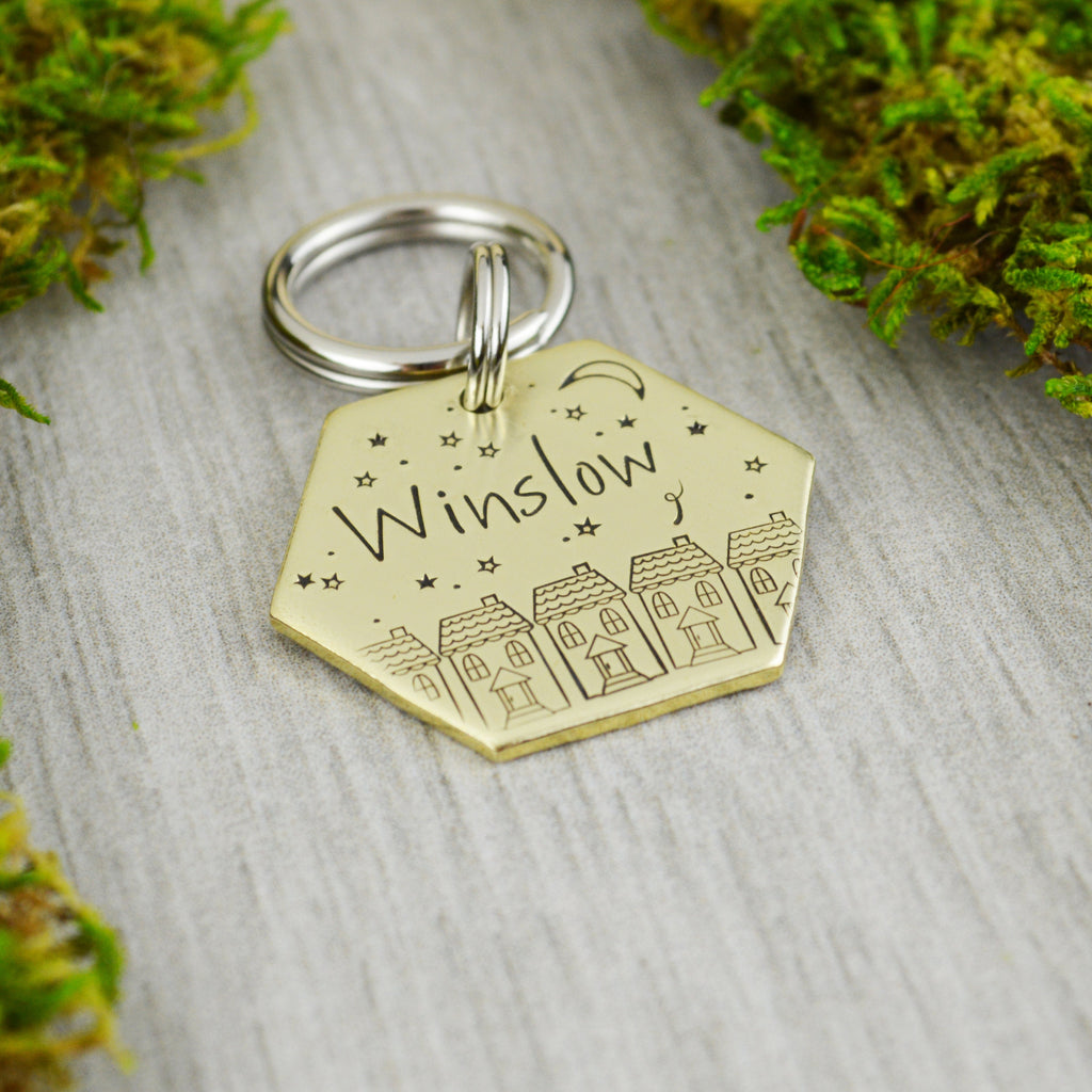 Row Houses at Night Handstamped Hexagon Pet ID Tag 