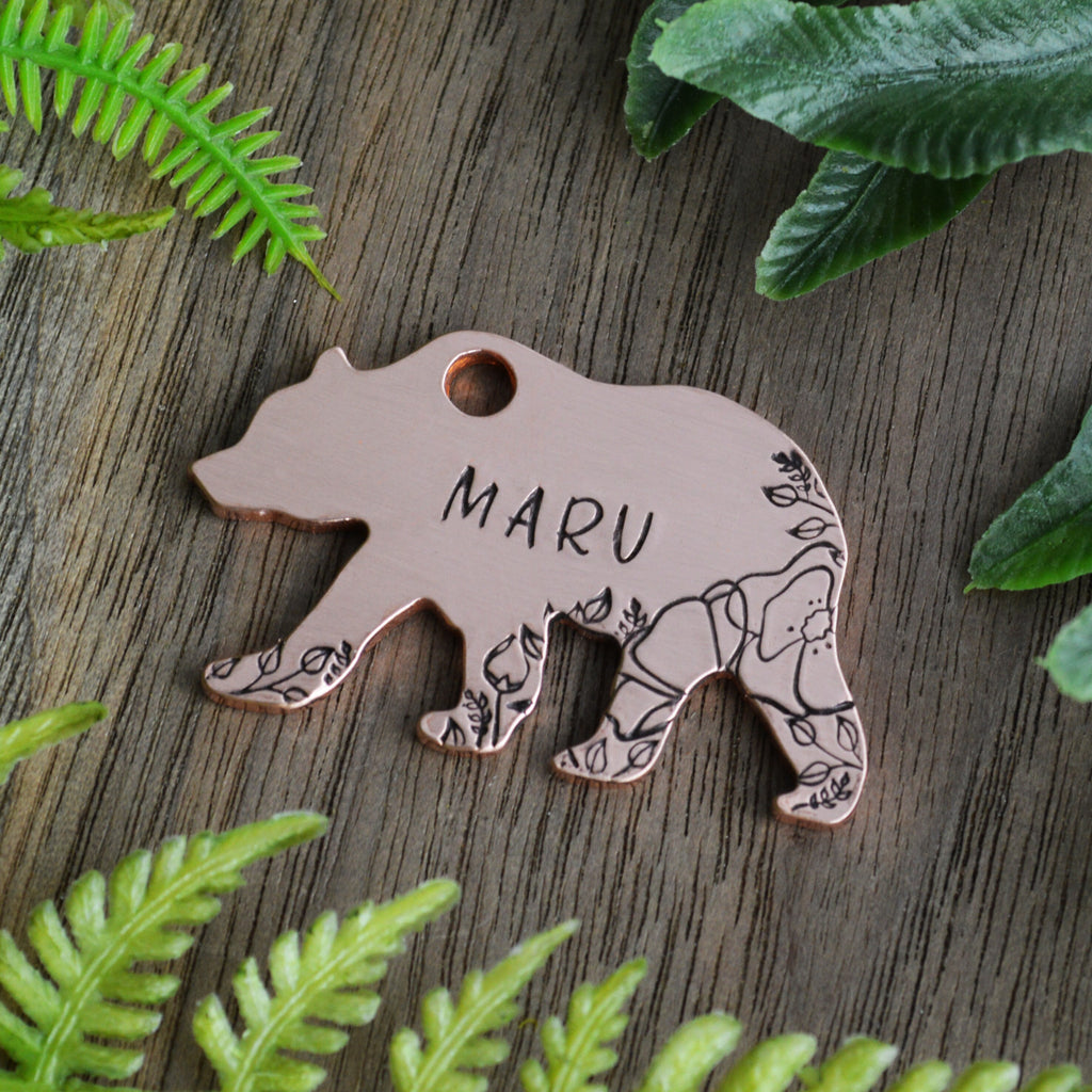 Bear in the Poppies Hand Stamped Dog Collar Tag 