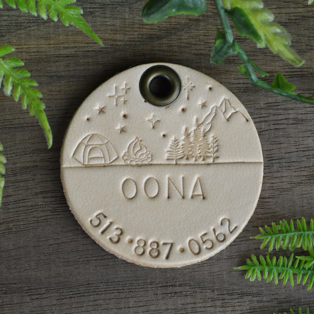 Camping on the Ridge Hand Tooled Leather Dog Tag 