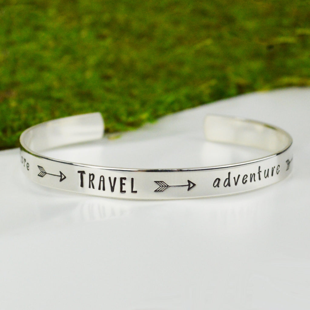 Explore Travel Adventure Live Cuff Bracelet Aluminum Brass or Copper Bangle