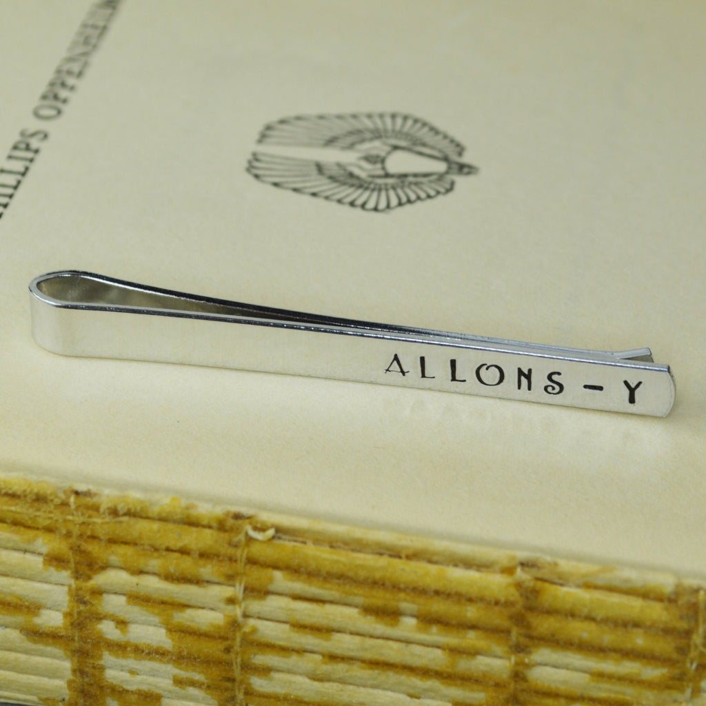 Allons-y Tie Bar - Hand Stamped Dr Who Gift