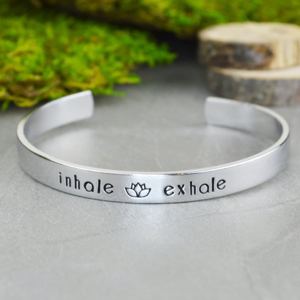 Inhale Exhale Hand Stamped Aluminum Brass or Copper Bracelet 