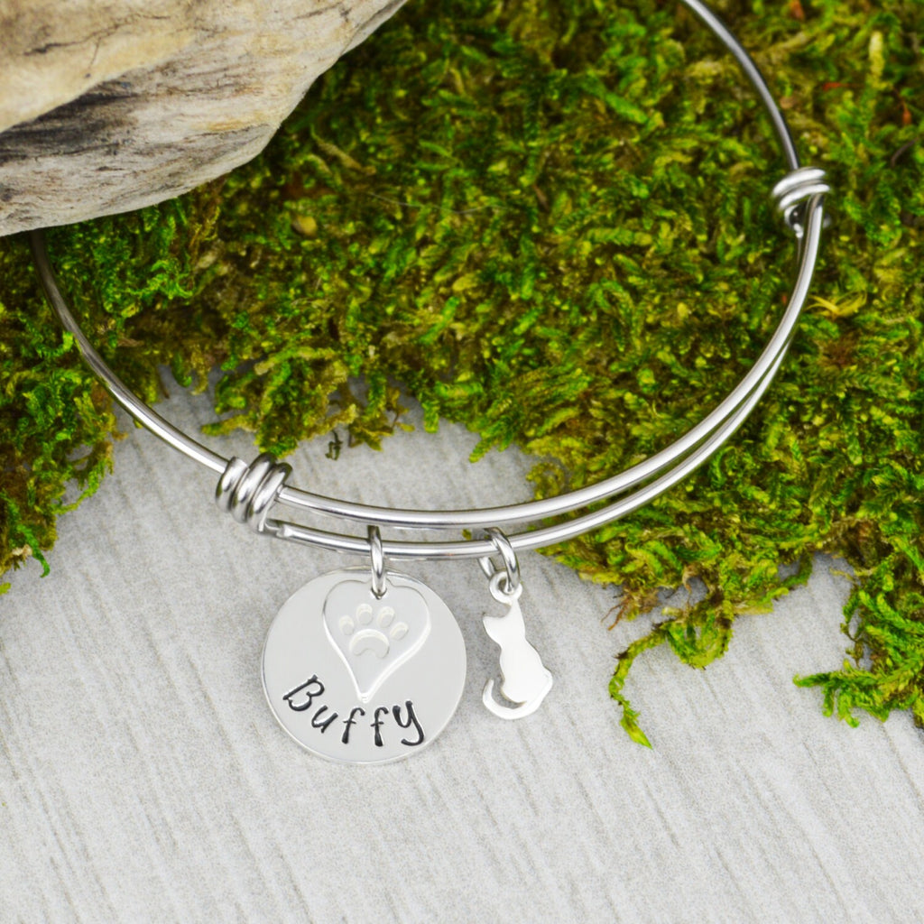 Adjustable Bangle Bracelet with Pets Name and Cat Charm - Stacking Bangles
