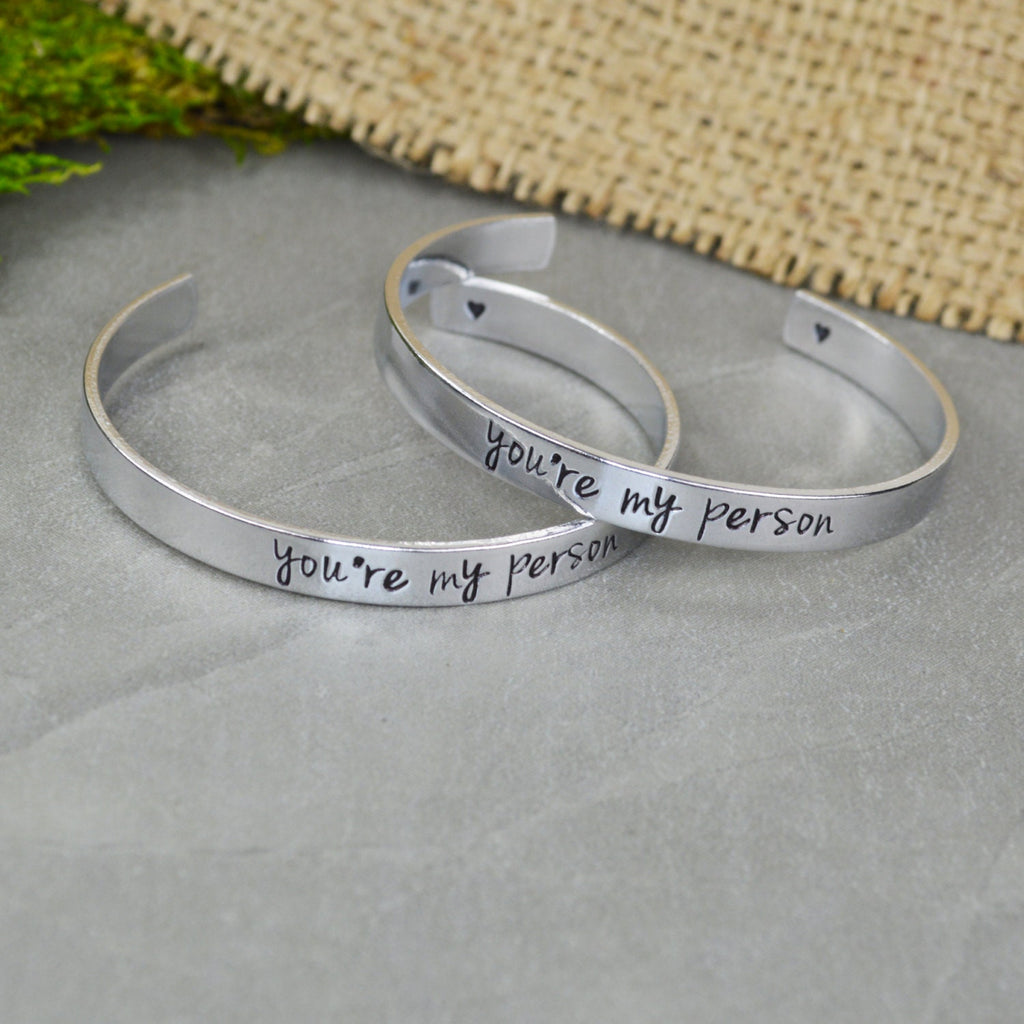 You're My Person Hand Stamped Aluminum Brass or Copper Bracelet Set