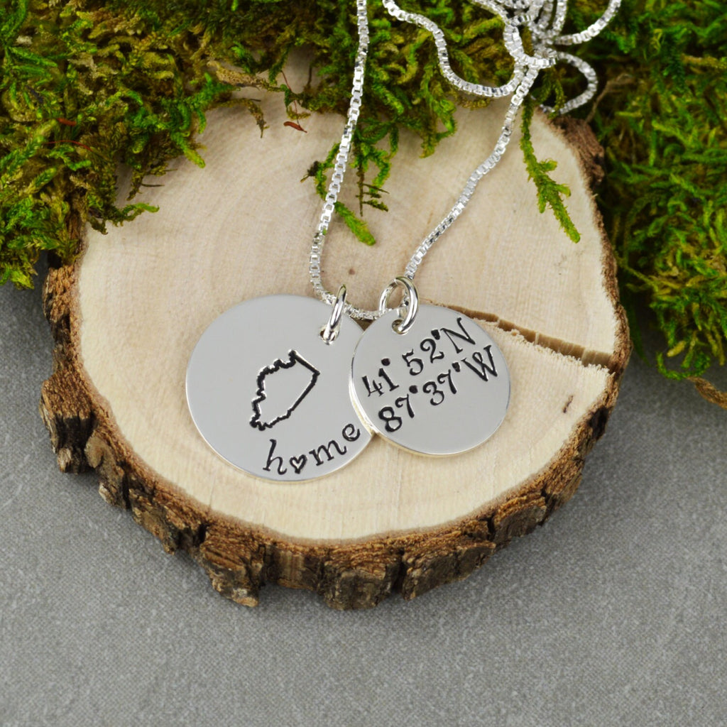 Custom State Necklace in Sterling Silver with Coordinates