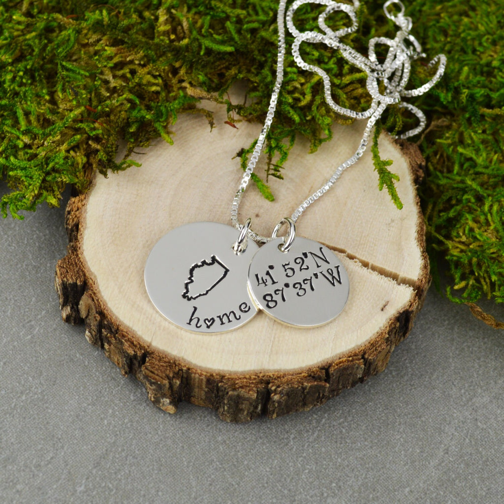 Custom State Necklace in Sterling Silver with Coordinates