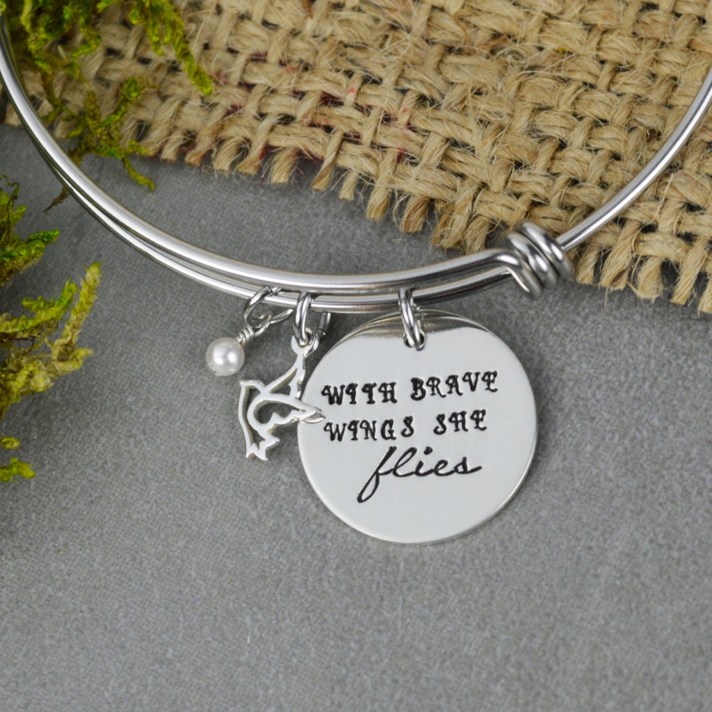 With Brave Wings She Flies Adjustable Bangle Bracelet with Dove Charm - Stacking Bangle