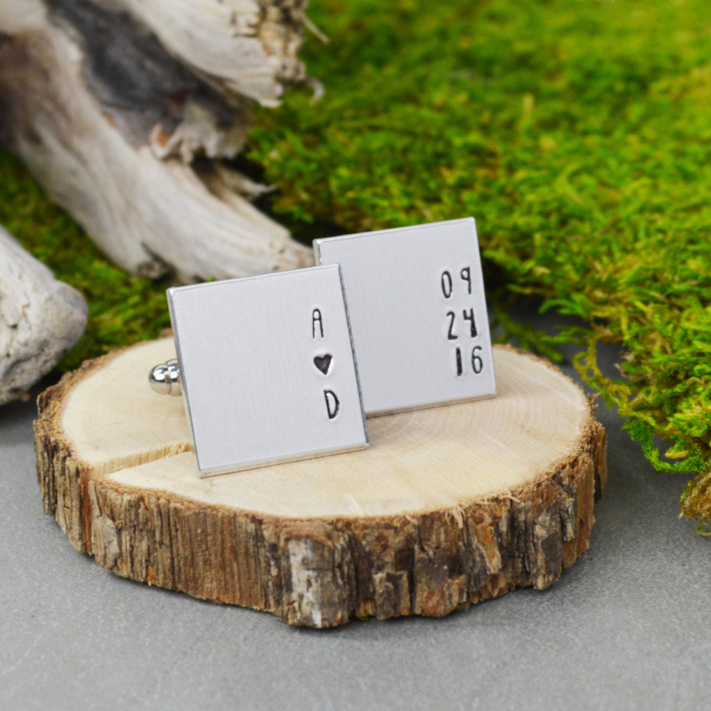 Custom Initial and Date Cuff Links - Hand Stamped Groom Gift