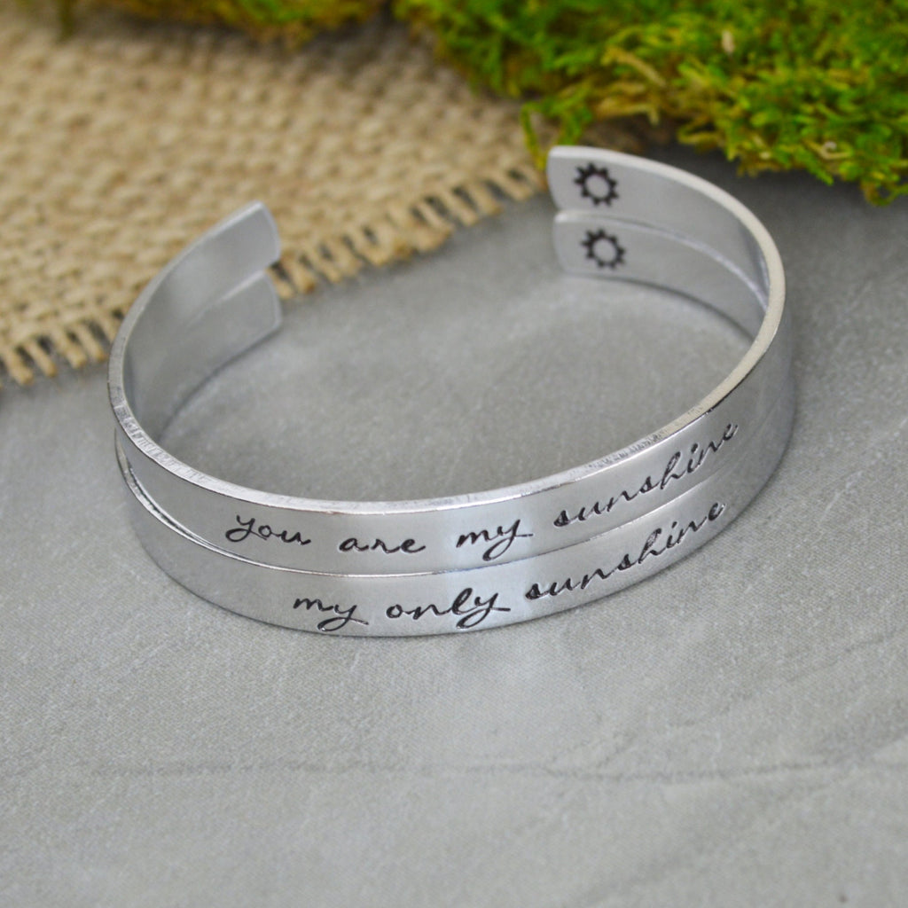 You Are My Sunshine My Only Sunshine Aluminum Brass or Copper Bangle Set - Mother Daughter Gift
