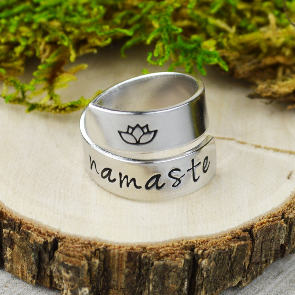 Namaste Yoga Wrap Ring // Handstamped Inspirational Jewelry