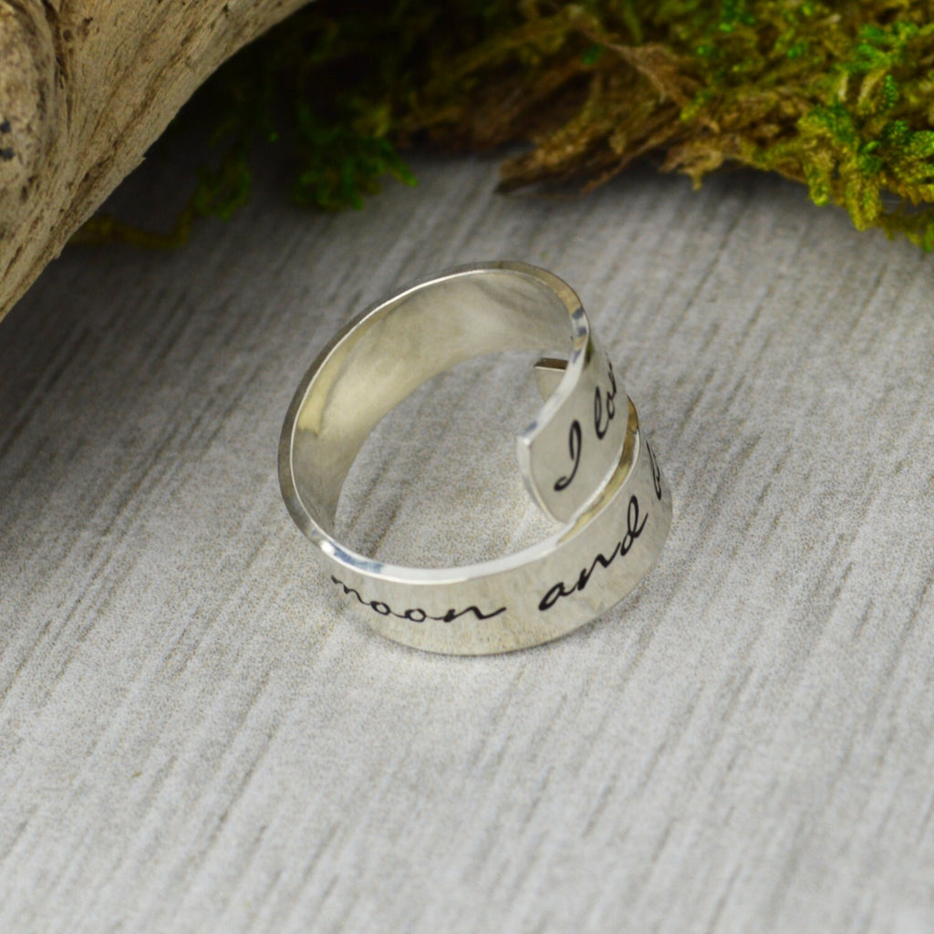 I Love You To The Moon And Back Wrap Ring // Handstamped Jewelry