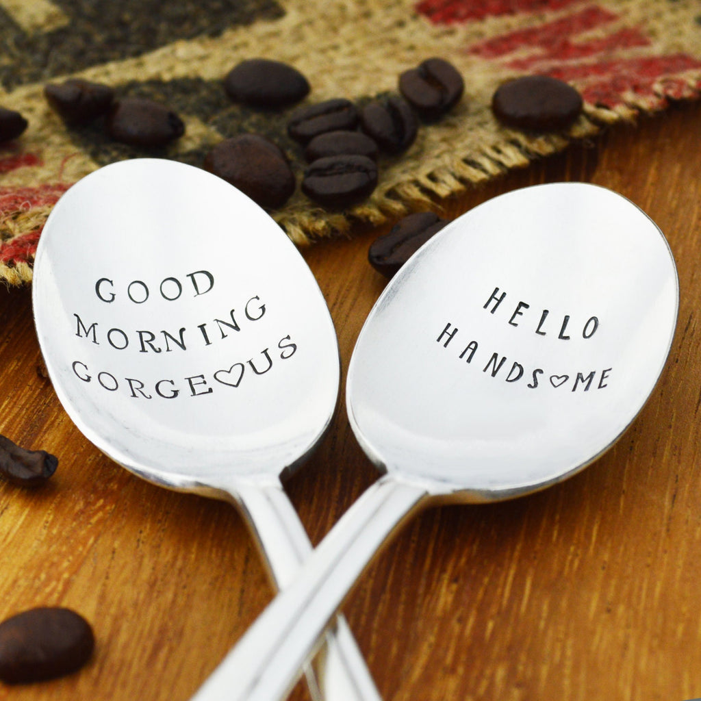Good Morning Gorgeous Hello Handsome Hand Stamped Coffee Spoon Gift Set 