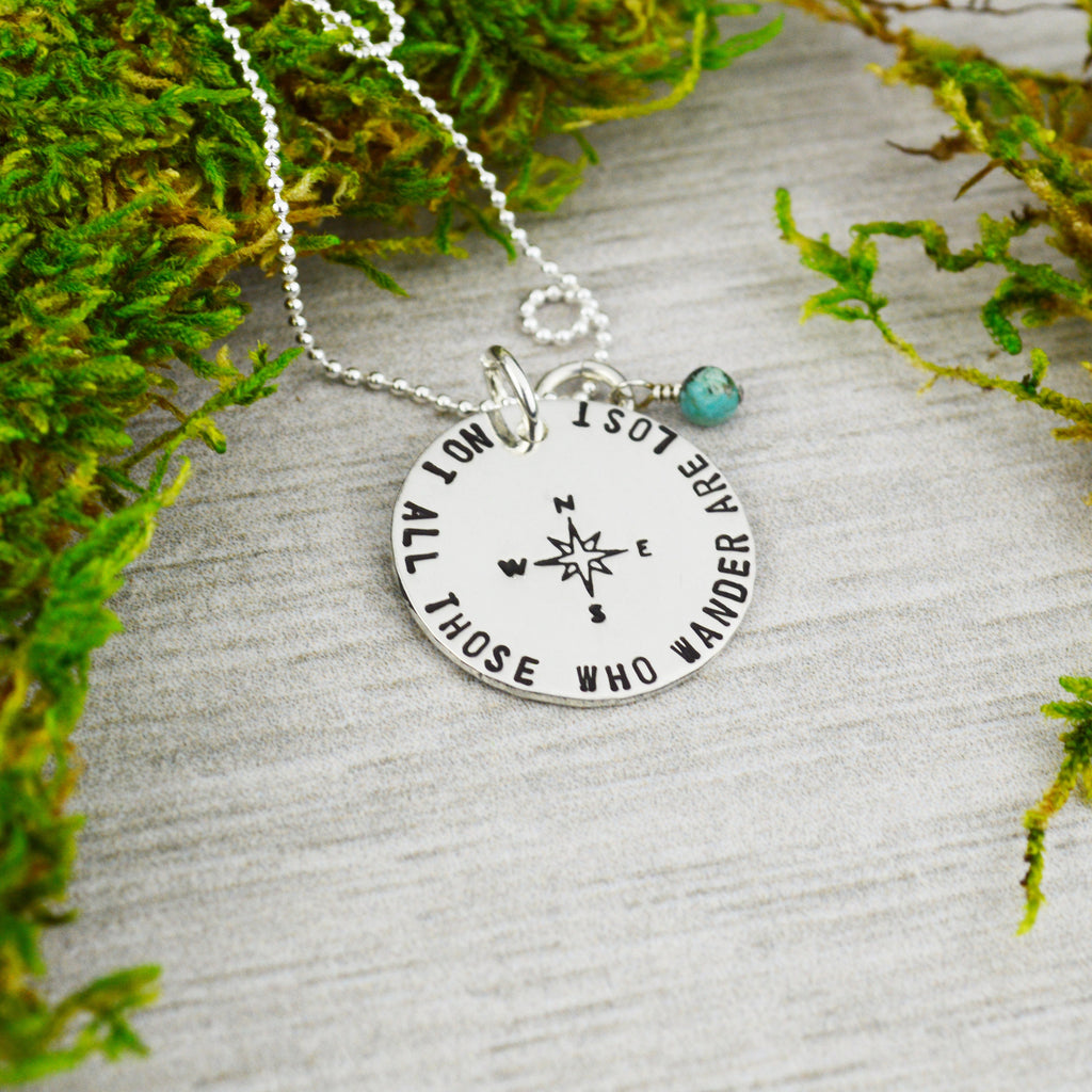 Not All Those Who Wander Are Lost Necklace in Sterling Silver - Travel Jewelry - Wanderlust - Turquoise