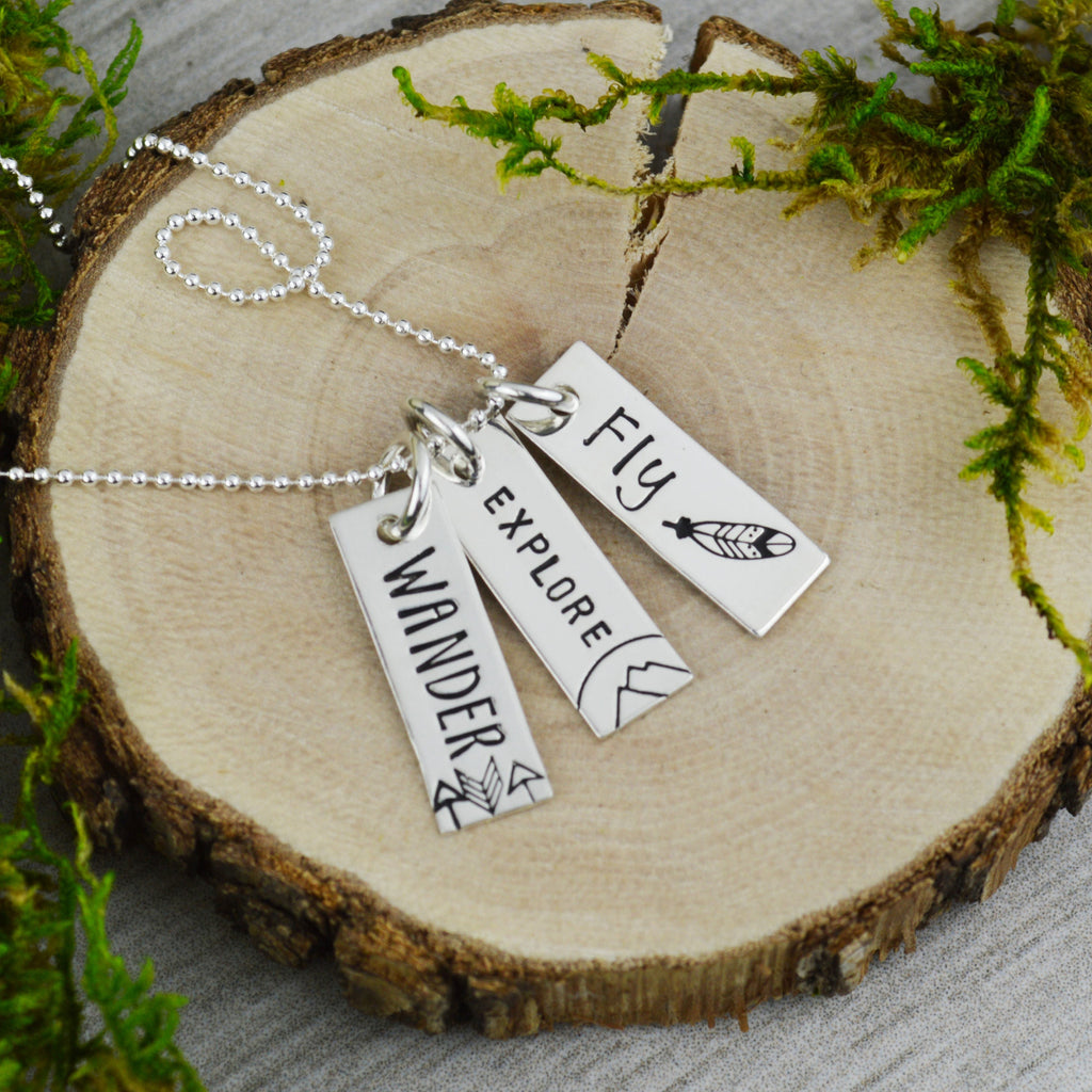 Wander Explore Fly Vertical Bar Travel Necklace - Custom Hand Stamped Inspiration Jewelry - Wanderlust Mantra Jewelry