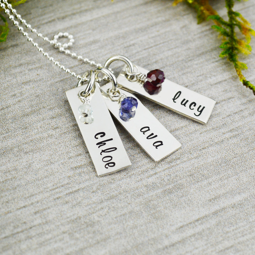Customizable Names and Birthstones Vertical Bar Necklace - Custom Personalized Hand Stamped Jewelry - New Mom and Grandmother Necklace