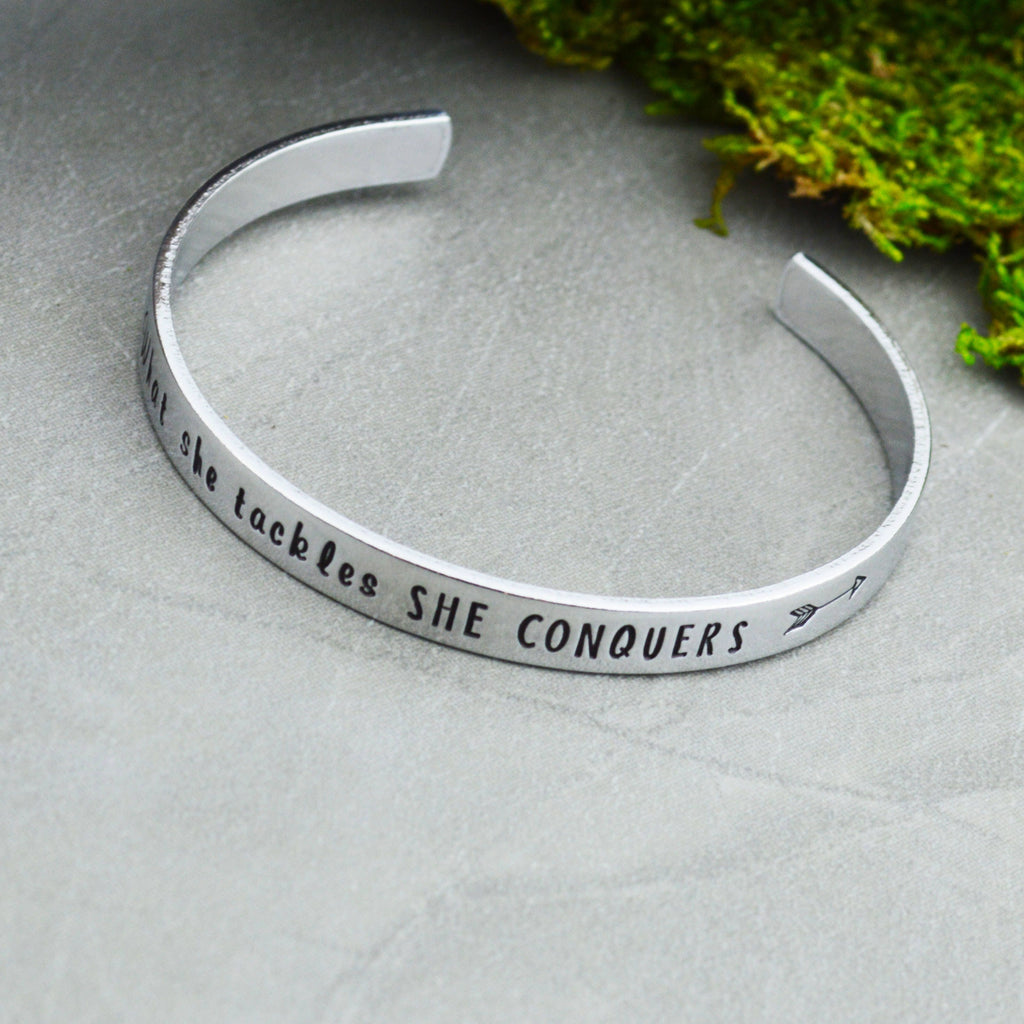 What She Tackles She Conquers Handstamped Bangle 