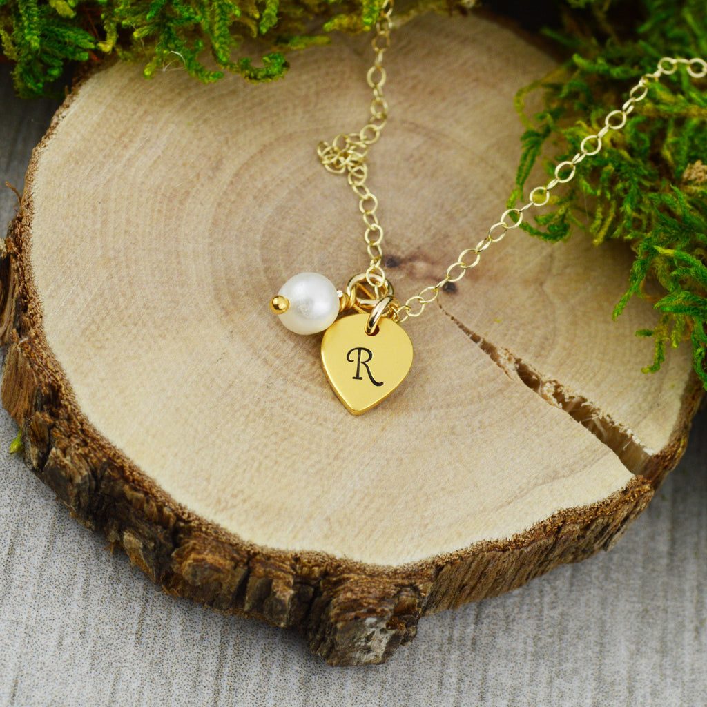 Customizable Initials and Freshwater Pearl Necklace in Gold - Custom Personalized Hand Stamped Jewelry - New Mom or Grandmother Necklace