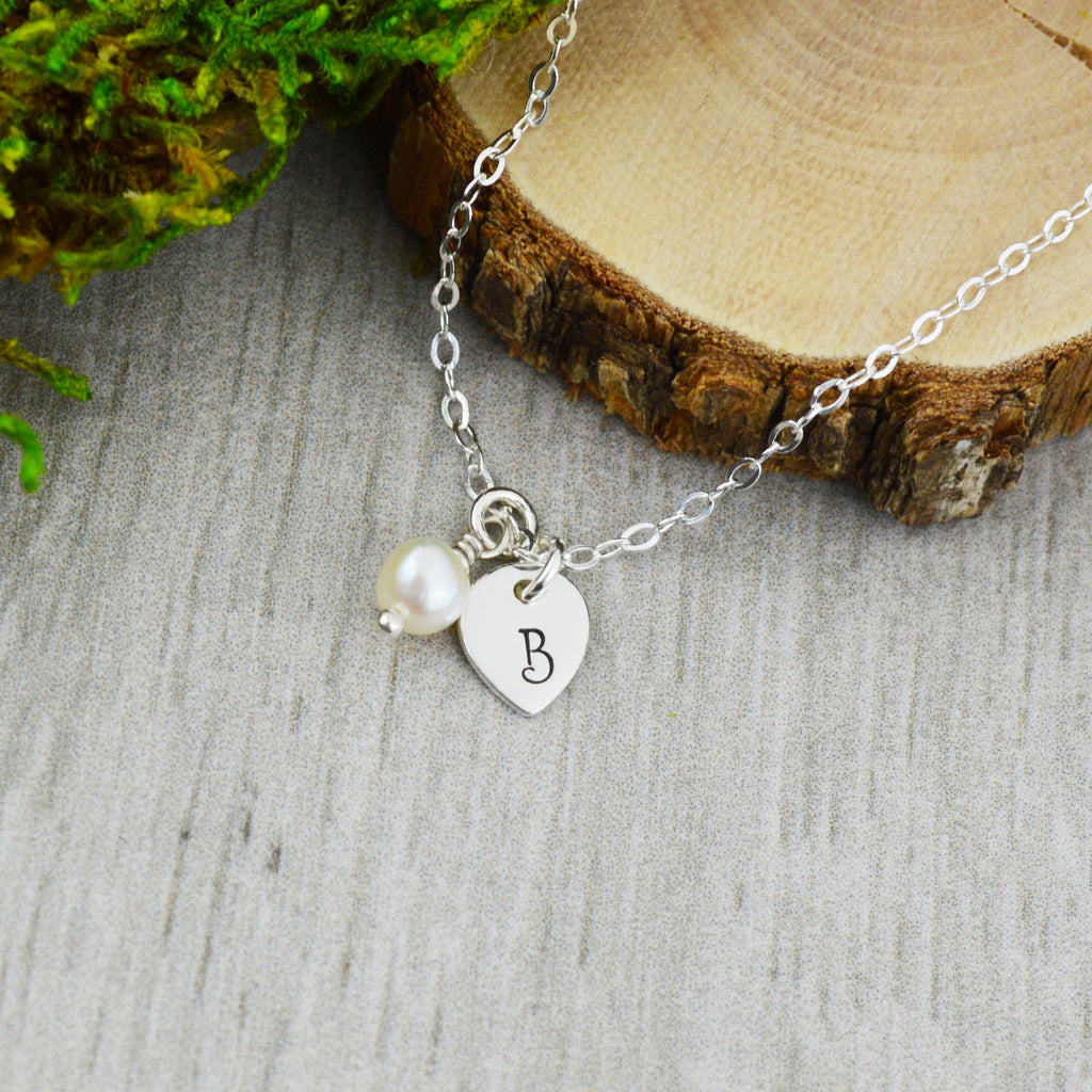Customizable Initials and Freshwater Pearl Necklace in Sterling Silver - Personalized Hand Stamped Jewelry - Anniversary or Valentine Gift