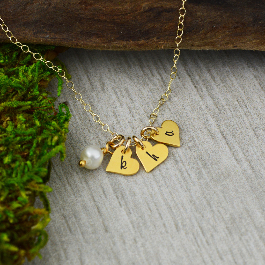 Customizable Initial Necklace in Gold with Freshwater Pearl - Personalized Jewelry - Anniversary Gift - Tiny Heart Charm Necklace