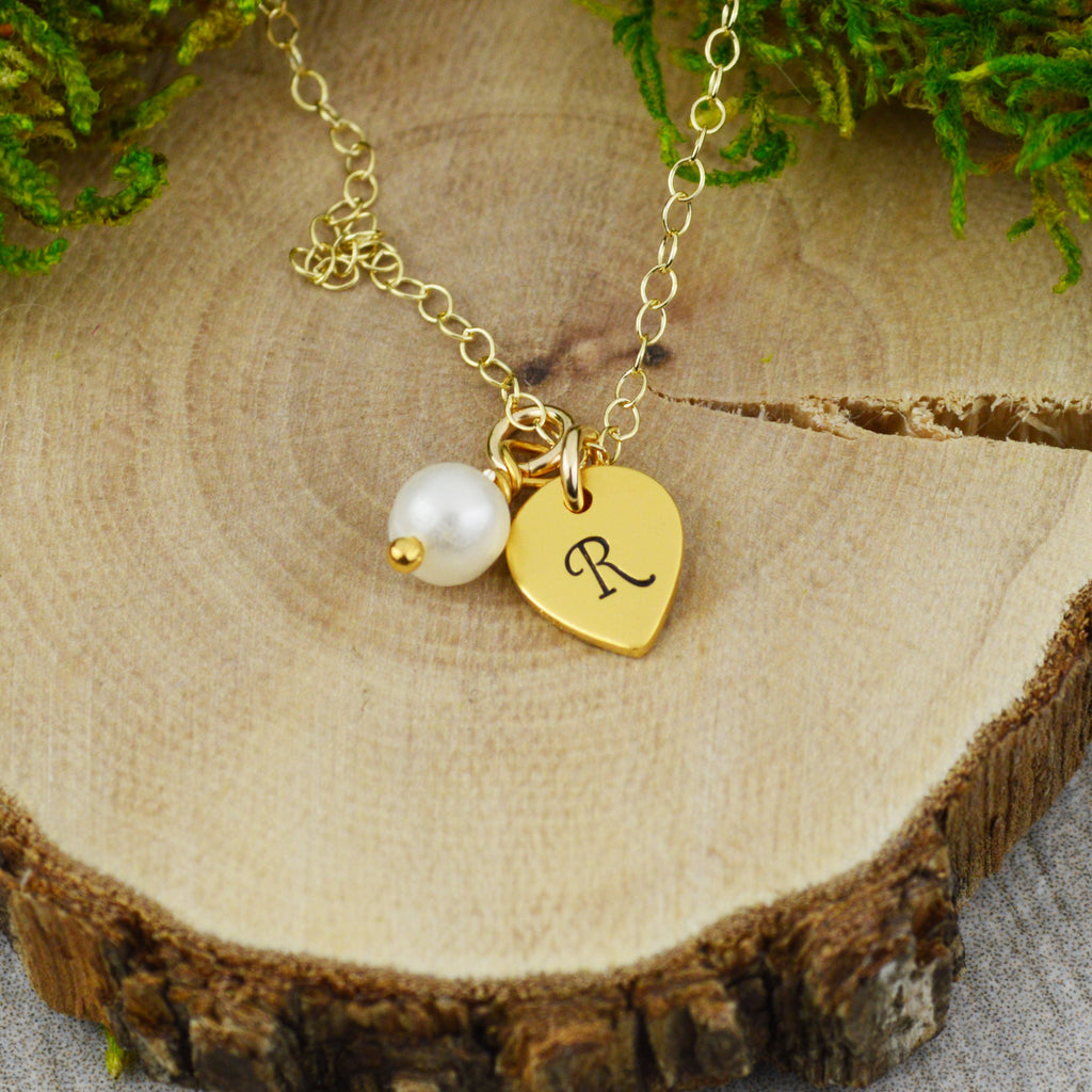 Customizable Initials and Freshwater Pearl Necklace in Gold - Custom Personalized Hand Stamped Jewelry - New Mom or Grandmother Necklace