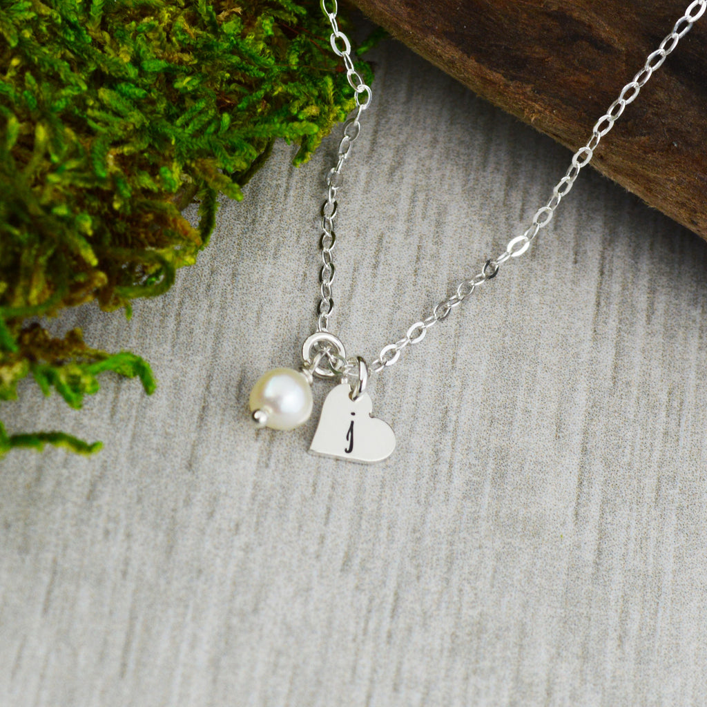 Customizable Initial Necklace in Silver with Freshwater Pearl - Personalized Jewelry - Anniversary Gift - Tiny Heart Charm Necklace