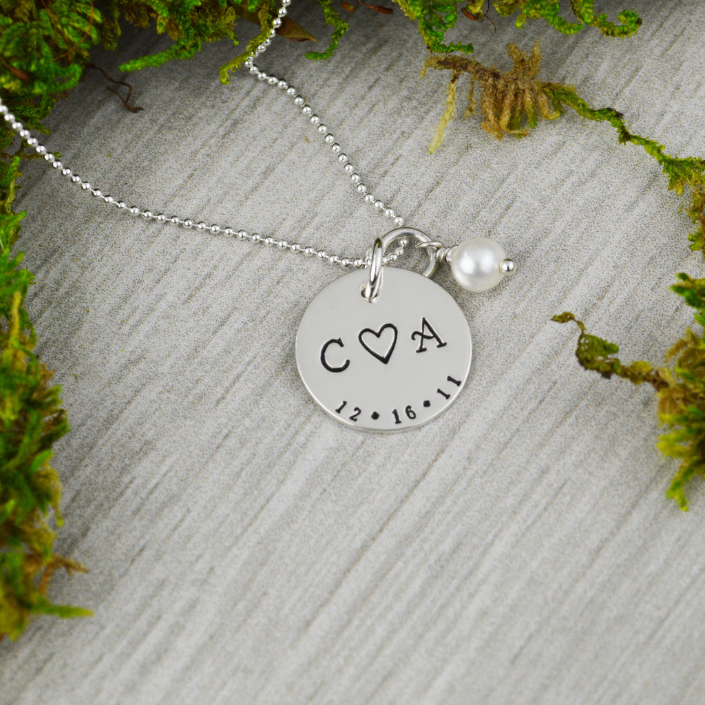 Custom Date and Initial Necklace with Freshwater Pearl - Hand Stamped  Wedding Gift - Anniversary or Valentine Gift
