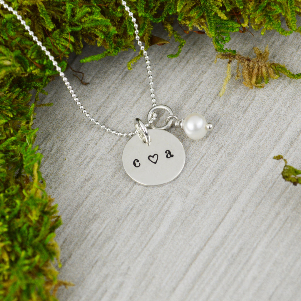 Custom Initial Necklace with Freshwater Pearl - Hand Stamped  Wedding Gift - Anniversary or Valentine Gift
