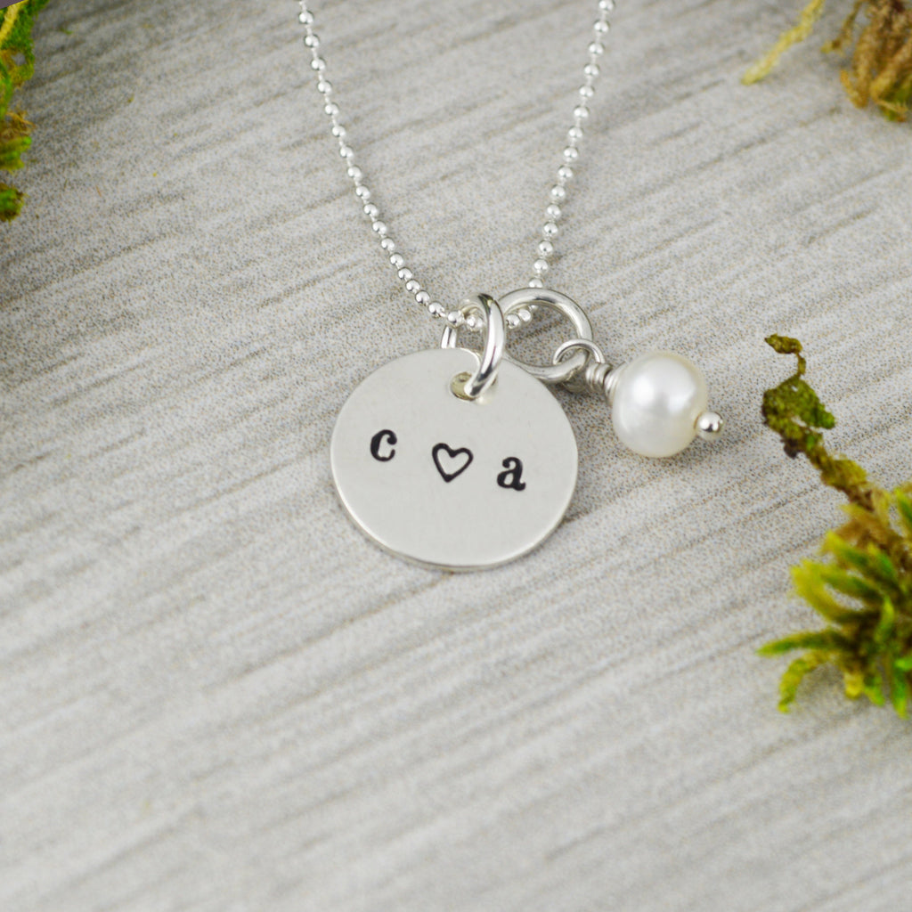 Custom Initial Necklace with Freshwater Pearl - Hand Stamped  Wedding Gift - Anniversary or Valentine Gift