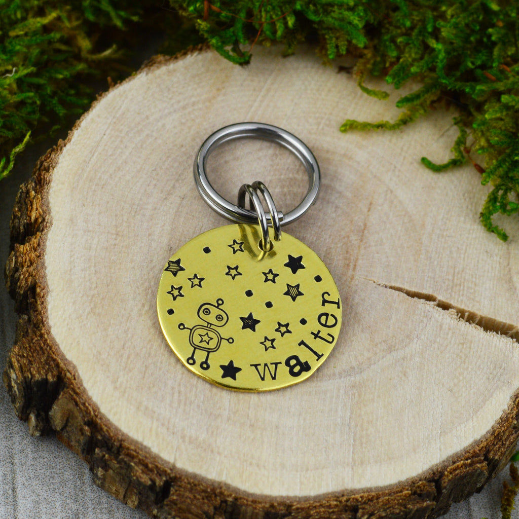 Robot in the Stars Handstamped Pet ID Tag • Personalized Pet/Dog ID Tag • Dog Collar Tag • Custom Engraved Cat Tag