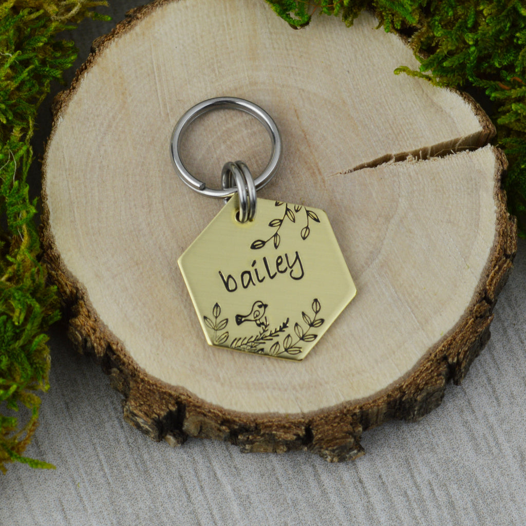 Bird in the Trees Handstamped Pet ID Tag 