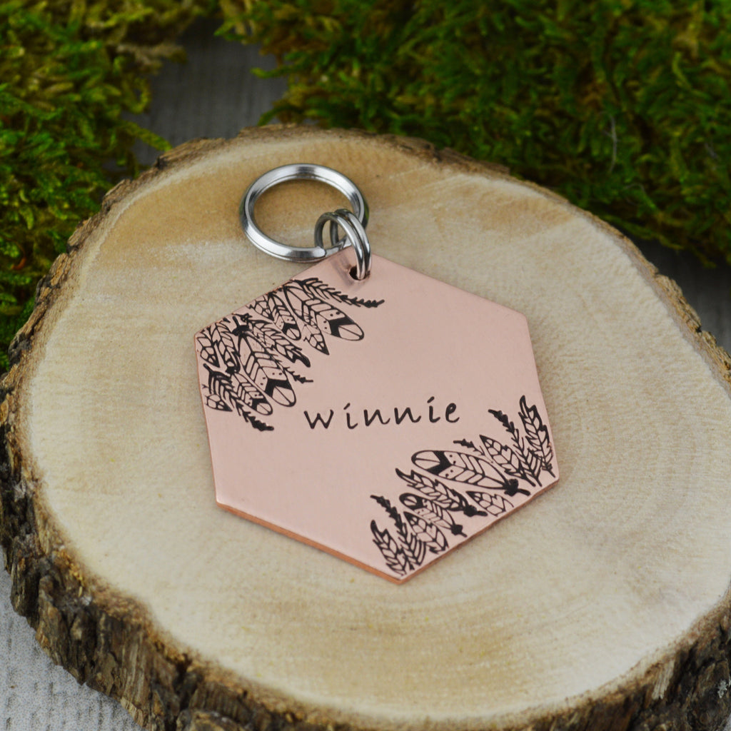 Boho Feathers Handstamped Hexagon Pet ID Tag 