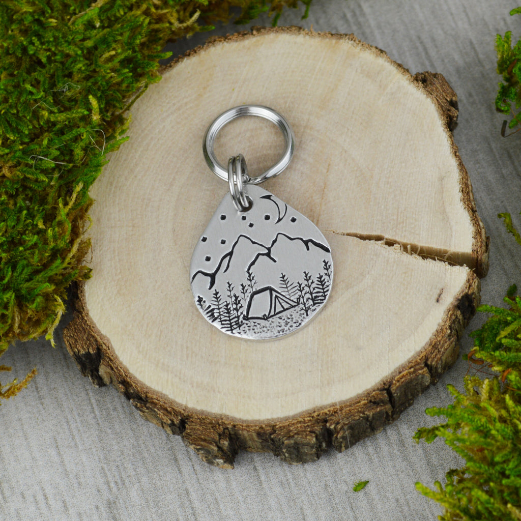 Camping by the Peaks Handstamped Mini Pet ID Tag 